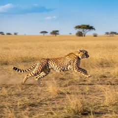 Cheetah running swiftly across the savanna under a clear blue sky