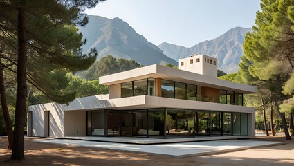 Modern villa in nature with large windows and mountain backdrop view