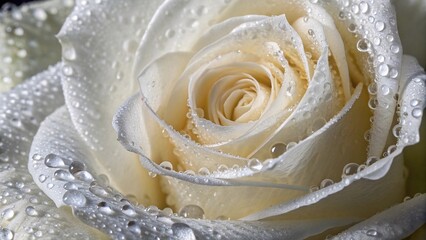 White Rose Macro with Dew Drops Closeup
Stunning macro of a white rose covered in water droplets, symbolizing purity, elegance, romance, and natural beauty in detail.
