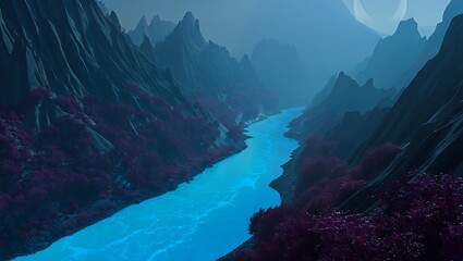 Mystical river flowing through majestic mountains with surreal colorscape environment