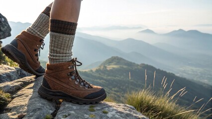 Hiker Standing on Mountain Peak with Boots
Close-up of a hiker’s boots on rocky mountain edge, overlooking scenic misty valleys and distant ridgelines at sunrise or sunset.