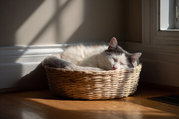 cozy cat nestled comfortably in soft basket surrounded by plush blankets and gentle sunlight