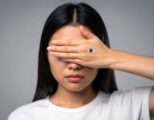 Woman covering eyes with eye graphic