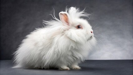 Obraz premium Fluffy White Angora Rabbit on White Background Close-up of a long-haired white Angora rabbit sitting against a seamless white backdrop, highlighting its soft and fluffy fur. 