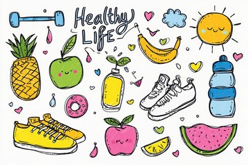 Colorful doodles representing a healthy lifestyle with fruits, sneakers, and water bottle