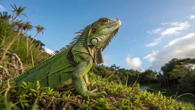 Green iguana basking in natural sunlight
Close-up of a vibrant green iguana resting on a grassy slope in the wild, captured in warm evening sunlight.