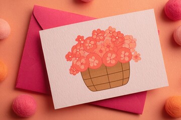 Colorful floral greeting card with a basket of flowers on a pink background surrounded by pom-poms