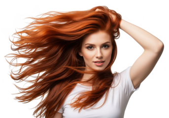 Young woman with flowing red hair isolated on transparent background
