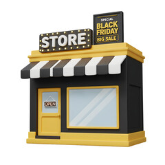 3D Storefront Illustration with a 'Black Friday Big Sale' Sign. Commercial, Shopping, and Retail Business.
