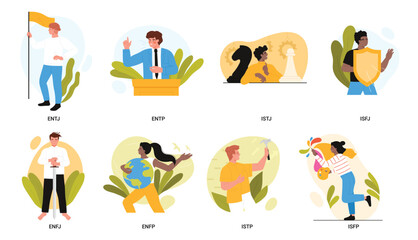 Fototapeta premium MBTI, socionics types set vector illustration. Cartoon isolated characters with different types of behavior and mindset, individual psychology testing for personal growth, professional career