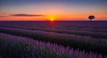 Serene Lavender Field with a Solitary Tree Under a Beautiful Vibrant Sunset Sky