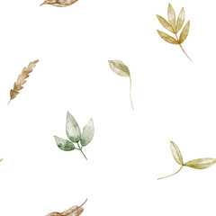 Seamless watercolor plant pattern with leaves and autumn foliage in woodland style. Illustration of fall background for textile design or wallpaper. Backdrop for wrapping paper or seasonal design.