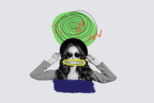 Full 3d art collage of happy girl guy speak spiral hoax brainwash puppet social media fake news propaganda disinformation