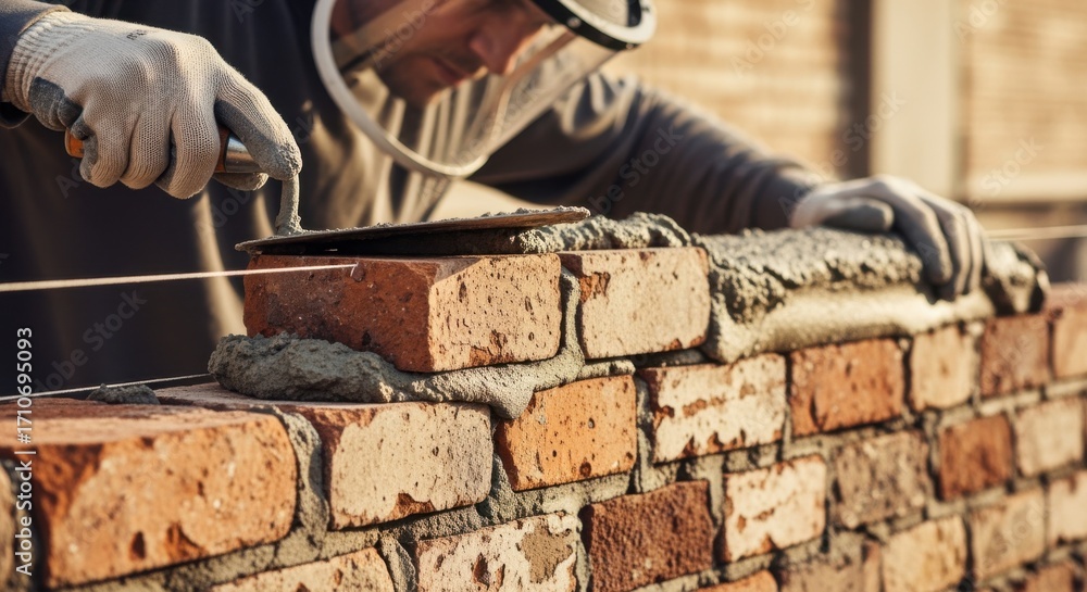 Poster mason using trowel to apply mortar on reclaimed bricks focusing on replicating the rustic aesthetic 