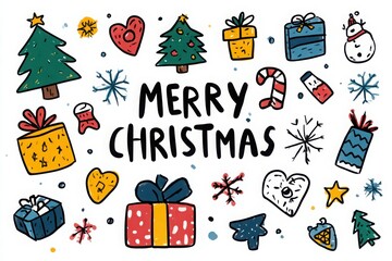 Colorful hand-drawn Christmas decorations with gifts, trees, and festive elements