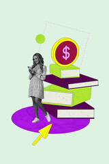 3d pop image zine art collage of happy businesswoman businessman receive dollar coin income cursor progress book stack cash