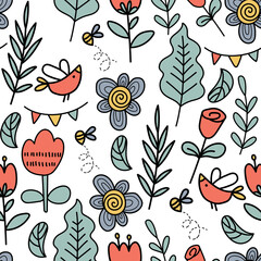 Whimsical floral pattern with birds and bees on white background