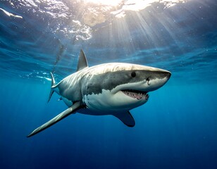 Fototapeta premium Great white shark in deep blue ocean. Sunlight beams through the water