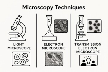 Illustration depicting three different microscopy techniques light electron transmission electron
