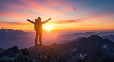 Triumphant Hiker with Arms Outstretched on a Mountain Peak Celebrating Achievement at Vibrant Sunset