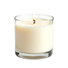 A single, round, cream-colored candle in a clear glass jar, with a lit wick and flame