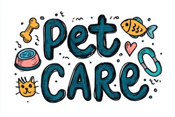 Colorful hand-drawn illustrations of pet care items, showcasing a playful theme for animal lovers