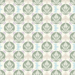 Damask style pattern with a vintage. Ornate floral motifs in soft sage green circles, shades of lilac, pale pink, and light blue. For wallpaper, home decor textiles, curtains, upholstery, packaging.