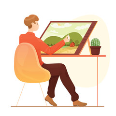 Artist drawing nature landscape on tablet, art design vector illustration. Cartoon young man sitting at table to draw modern digital picture with stylus, process of graphic designers work or study