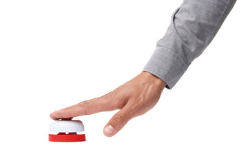 Man pressing button on white background, closeup