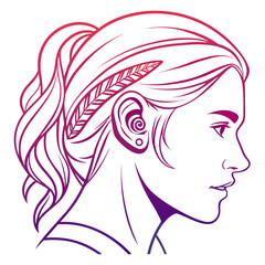 Gradient illustration of a womans profile with feather hair accessory