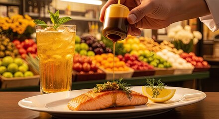 Hand pouring sauce over grilled salmon with fresh lemonade in a restaurant setting.