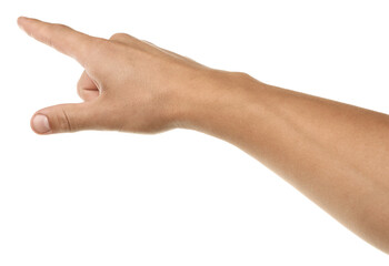 Man touching something on white background, closeup