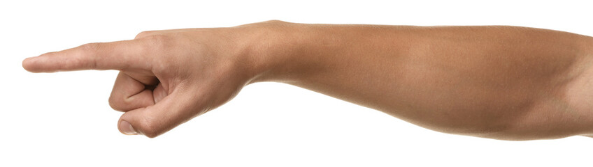 Man touching something on white background, closeup