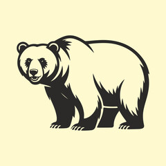 Powerful standing grizzly bear mascot in a bold monochrome vector style, isolated wild animal icon
