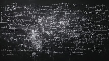 Complex mathematical equations on blackboard with chalk writings