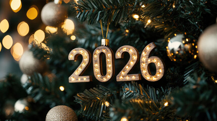 Wooden carved numerals 2026 decorated with mini golden snowflakes hanging on a Christmas tree with bokeh effect lights, celebrating Christmas and the upcoming new year