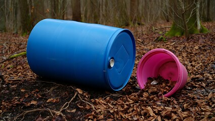 Plastic waste pollution showing a discarded barrel and pot in nature