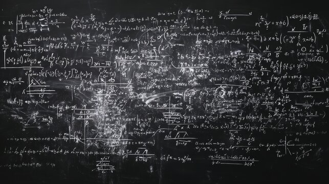 Complex mathematical equations on blackboard with chalk writings