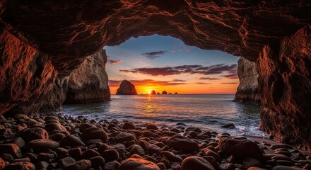 Scenic View of a Sea Cave with Rocky Beach and Ocean Waves at Dramatic Sunset
