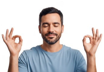 Man meditating with eyes closed and fingers in mudra isolated on transparent background