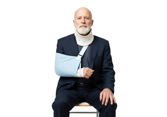 Elderly man with neck brace and arm sling isolated on transparent background