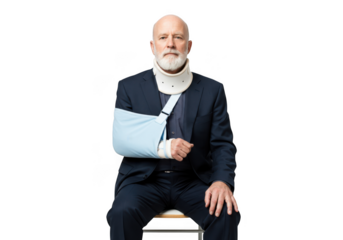 Elderly man with neck brace and arm sling isolated on transparent background