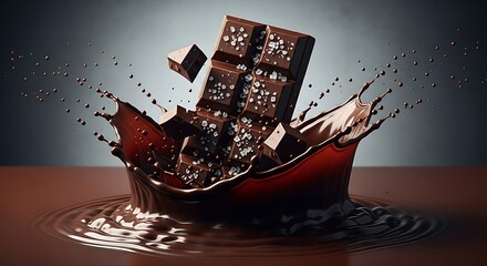 Dynamic Dark Chocolate Bar Splash in Molten Pool, Decadent Droplets.