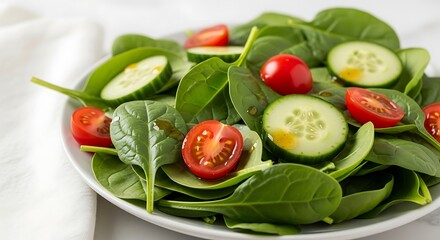 Fresh Spinach Salad with Tomatoes and Cucumbers on White Plate.