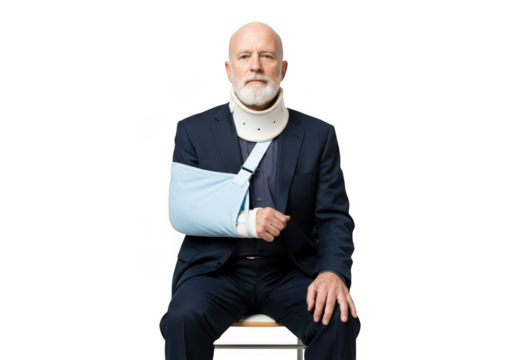 Elderly man with neck brace and arm sling isolated on transparent background