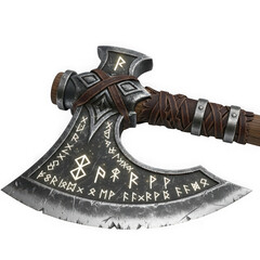 3d viking battle axe with ancient runes intricate metal details isolated on transparent background