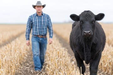Caucasian male farmer walking with black cow in cornfield