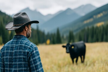 Caucasian male cowboy observing black cow in mountain meadow landscape