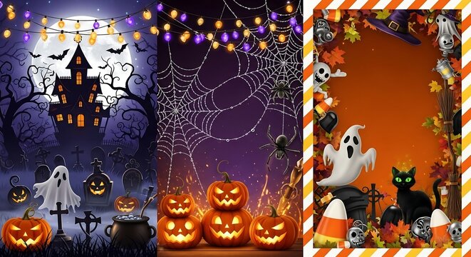 Spooky halloween scene with jack o lanterns ghosts haunted house and candy corn border