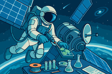 Astronaut in a spacesuit performing a scientific experiment on plants in space with a satellite.